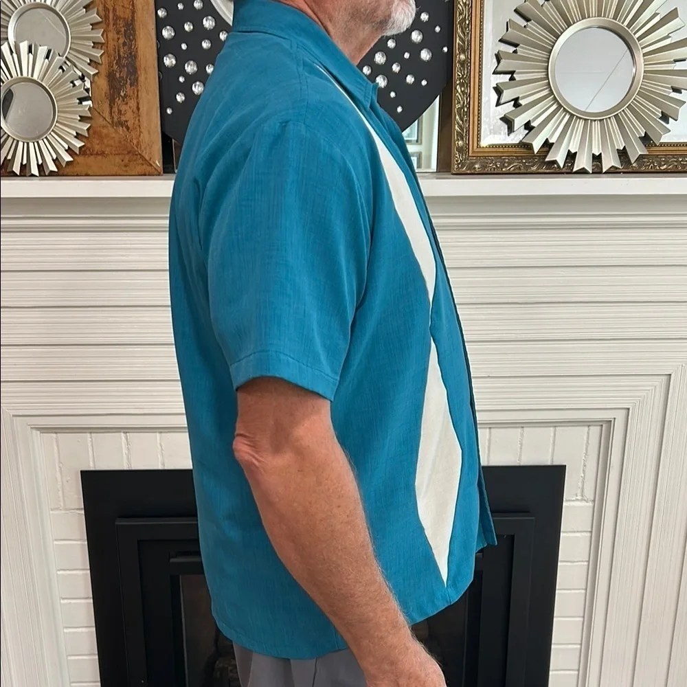 Vintage Inspired Steady Men's Teal and Cream Casual Button Down Bowling Shirt
